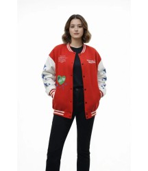 Kırmızı Varsity Çıtçıtlı Baskılı Oversize Kalıp Kolej Ceket - Kırmızı
