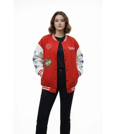 Kırmızı Varsity Çıtçıtlı Baskılı Oversize Kalıp Kolej Ceket - Kırmızı