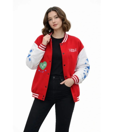 Kırmızı Varsity Çıtçıtlı Baskılı Oversize Kalıp Kolej Ceket - Kırmızı Kırmızı Varsity Çıtçıtlı Baskılı Oversize Kalıp Kolej Ceket - Kırmızı