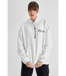 Kapüşonlu Sırt Baskılı Üç İplik Oversize Sweatshirt - Beyaz