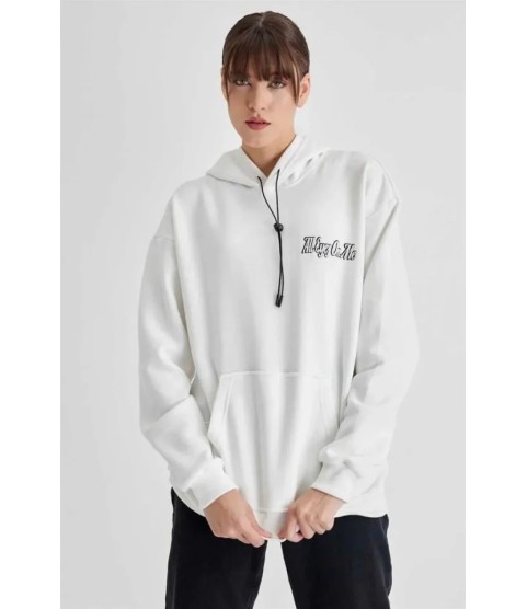 Kapüşonlu Sırt Baskılı Üç İplik Oversize Sweatshirt - Beyaz Kapüşonlu Sırt Baskılı Üç İplik Oversize Sweatshirt - Beyaz