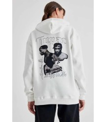 Kapüşonlu Sırt Baskılı Üç İplik Oversize Sweatshirt - Beyaz