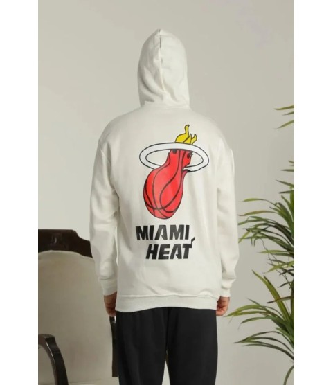 Erkek Sırt Baskılı Oversize Üç İplik Kapüşonlu Sweatshirt - Beyaz