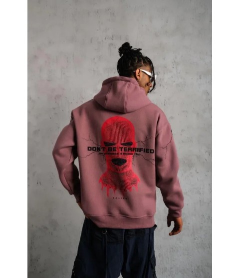 Erkek Maske Baskılı Kapüşonlu Sweat - Gül Kurusu