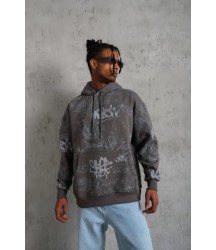 Erkek Baskılı Kapüşonlu Ribanalı Sweat - Gri