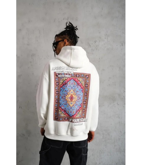 Erkek Kilim Desen Kapüşonlu Sweat- Beyaz