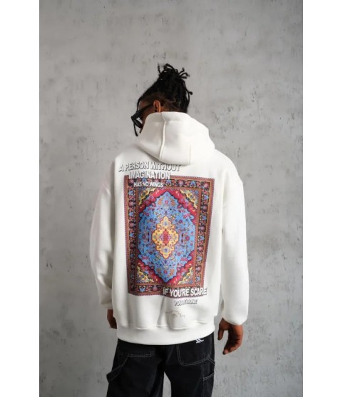 Erkek Kilim Desen Kapüşonlu Sweat- Beyaz