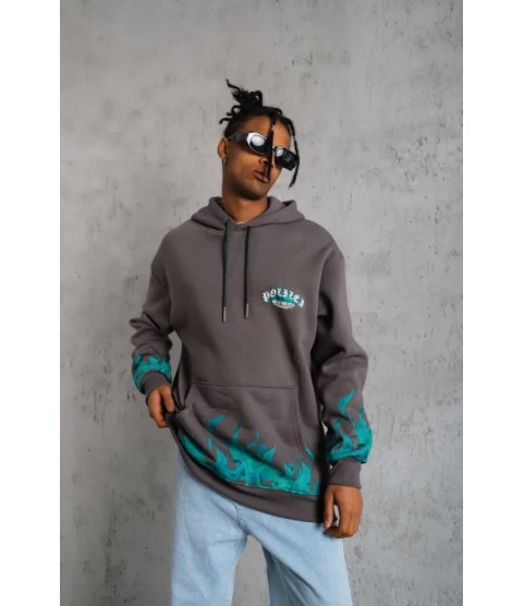 Erkek Üç İplik İçi Pamuklu Alev Baskılı Kapüşonlu Sweatshirt - Gri
