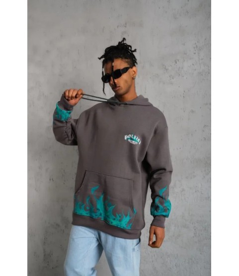 Erkek Üç İplik İçi Pamuklu Alev Baskılı Kapüşonlu Sweatshirt - Gri