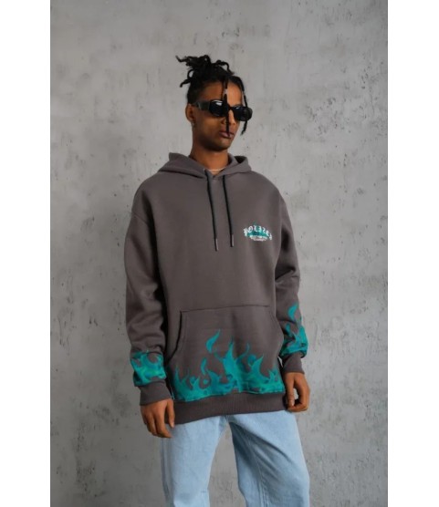 Erkek Üç İplik İçi Pamuklu Alev Baskılı Kapüşonlu Sweatshirt - Gri