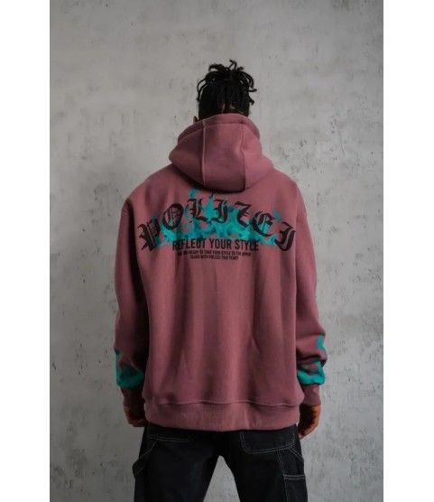 Erkek Üç İplik Içi Pamuklu Alev Baskılı Kapüşonlu Sweatshirt - Gül Kurusu