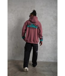 Erkek Üç İplik Içi Pamuklu Alev Baskılı Kapüşonlu Sweatshirt - Gül Kurusu