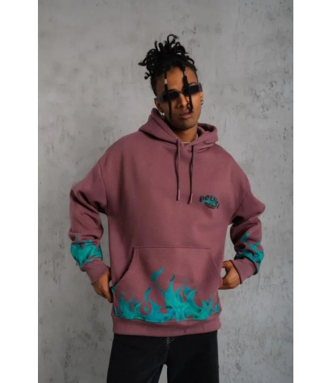Erkek Üç İplik Içi Pamuklu Alev Baskılı Kapüşonlu Sweatshirt - Gül Kurusu