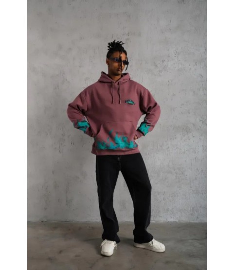 Erkek Üç İplik Içi Pamuklu Alev Baskılı Kapüşonlu Sweatshirt - Gül Kurusu