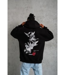 Erkek Şapkalı Güvercin Baskılı Kapşonlu Sweat - Siyah