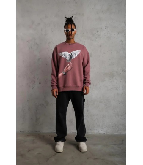 Erkek Güvercin Baskılı Sweatshirt - Gül Kurusu