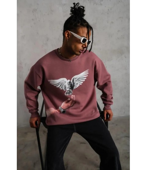 Erkek Güvercin Baskılı Sweatshirt - Gül Kurusu