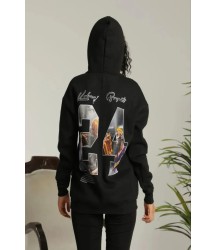 Baskılı Oversize Üç İplik Kapüşonlu Sweatshirt - Siyah