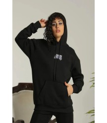 Baskılı Oversize Üç İplik Kapüşonlu Sweatshirt - Siyah