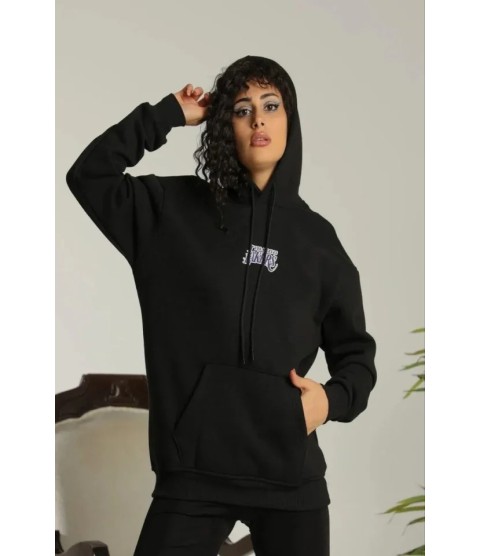 Baskılı Oversize Üç İplik Kapüşonlu Sweatshirt - Siyah