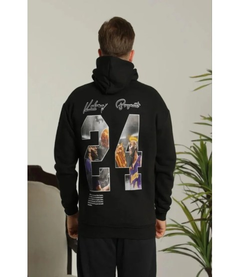 Erkek Baskılı Oversize Üç İplik Kapüşonlu Sweatshirt - Siyah