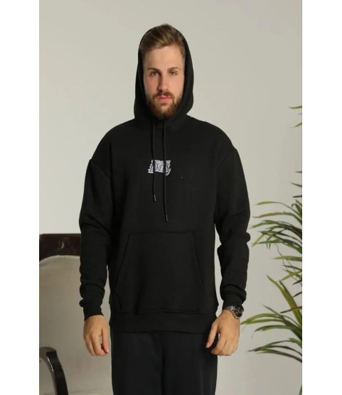 Erkek Baskılı Oversize Üç İplik Kapüşonlu Sweatshirt - Siyah