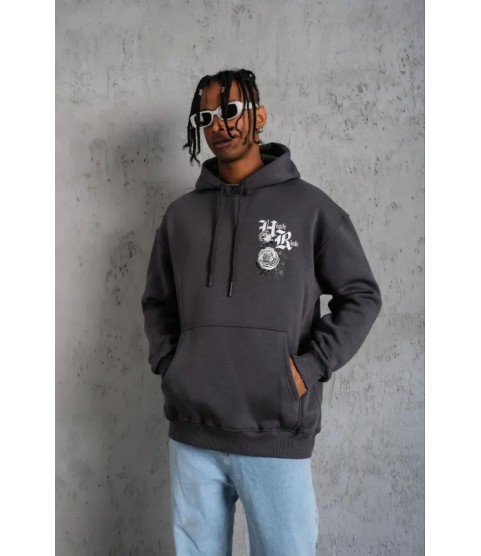 Erkek Baskılı Kapşonlu Sweat - Füme