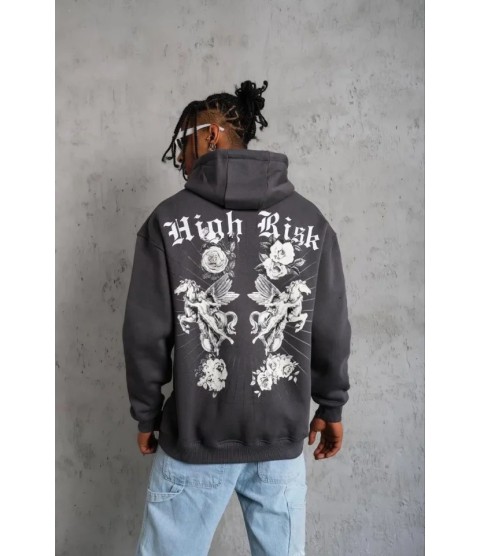 Erkek Baskılı Kapşonlu Sweat - Füme