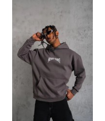 Erkek Kordon İpli Baskılı Kapüşonlu Sweatshirt - Füme