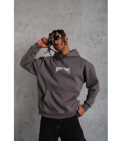 Erkek Kordon İpli Baskılı Kapüşonlu Sweatshirt - Füme