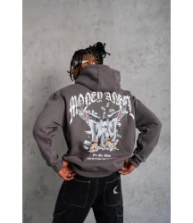 Erkek Kordon İpli Baskılı Kapüşonlu Sweatshirt - Füme