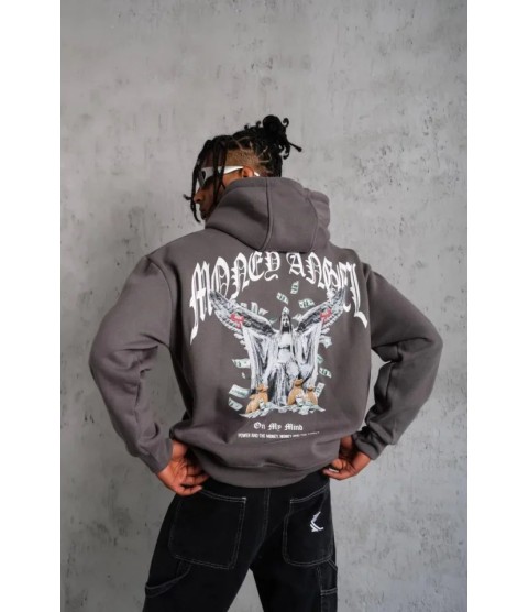 Erkek Kordon İpli Baskılı Kapüşonlu Sweatshirt - Füme