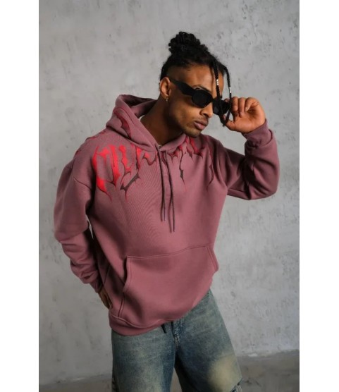 Erkek Ön Ve Arka Baskılı Kapüşonlu 3 İplik Sweatshirt - Gül Kurusu