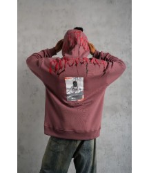 Erkek Ön Ve Arka Baskılı Kapüşonlu 3 İplik Sweatshirt - Gül Kurusu