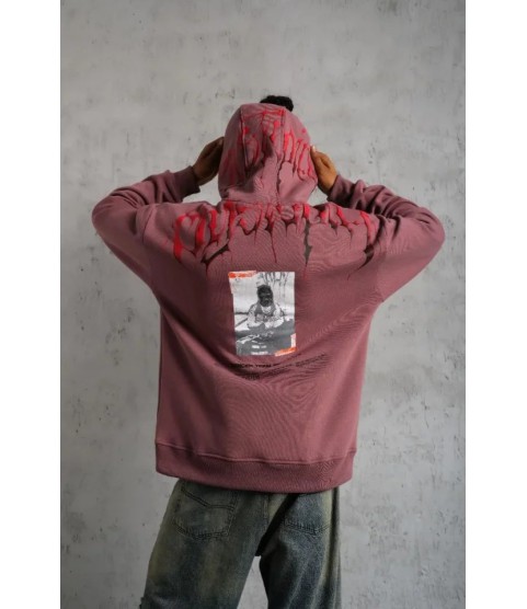 Erkek Ön Ve Arka Baskılı Kapüşonlu 3 İplik Sweatshirt - Gül Kurusu