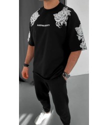 Unisex Flok Kabartma Baskılı T-Shirt - Siyah