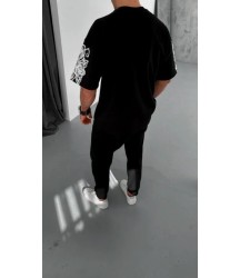 Unisex Flok Kabartma Baskılı T-Shirt - Siyah