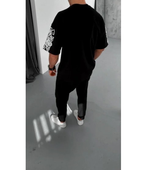 Unisex Flok Kabartma Baskılı T-Shirt - Siyah