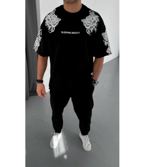 Unisex Flok Kabartma Baskılı T-Shirt - Siyah
