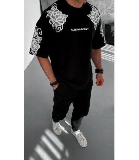Unisex Flok Kabartma Baskılı T-Shirt - Siyah