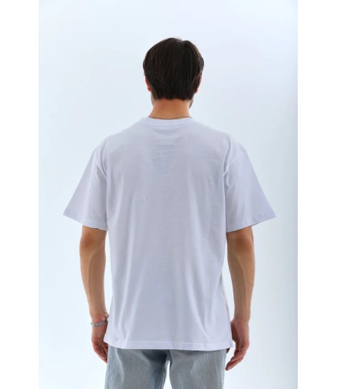 Unisex Oversize Düz Bisiklet Yaka T-Shirt - Beyaz