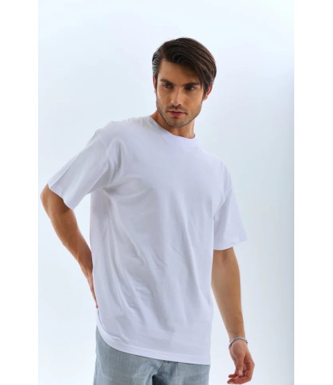 Unisex Oversize Düz Bisiklet Yaka T-Shirt - Beyaz