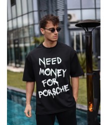 Unisex Bisiklet Yaka Baskılı Oversize T-Shirt - Siyah