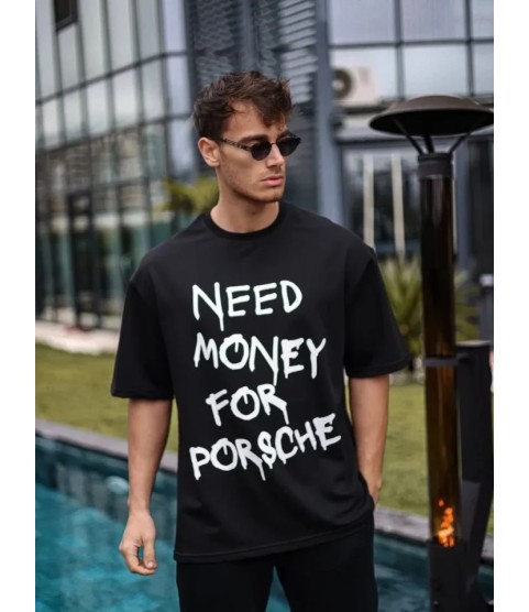 Unisex Bisiklet Yaka Baskılı Oversize T-Shirt - Siyah