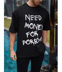 Unisex Bisiklet Yaka Baskılı Oversize T-Shirt - Siyah
