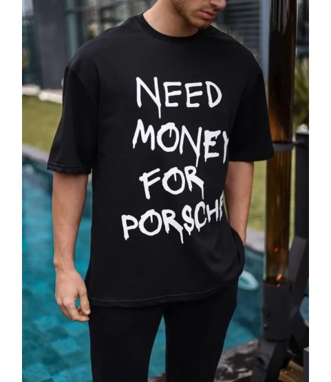 Unisex Bisiklet Yaka Baskılı Oversize T-Shirt - Siyah