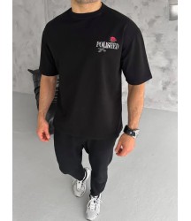 Unisex Bisiklet Yaka Baskılı Oversize T-Shirt - Siyah