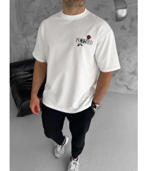 Unisex Bisiklet Yaka Baskılı Oversize T-Shirt - Beyaz