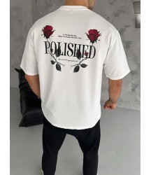 Unisex Bisiklet Yaka Baskılı Oversize T-Shirt - Beyaz