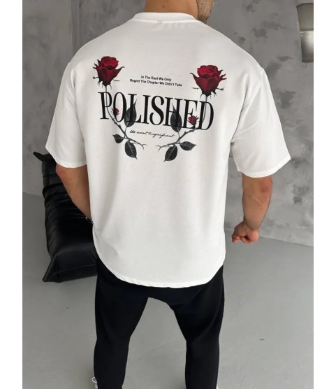 Unisex Bisiklet Yaka Baskılı Oversize T-Shirt - Beyaz